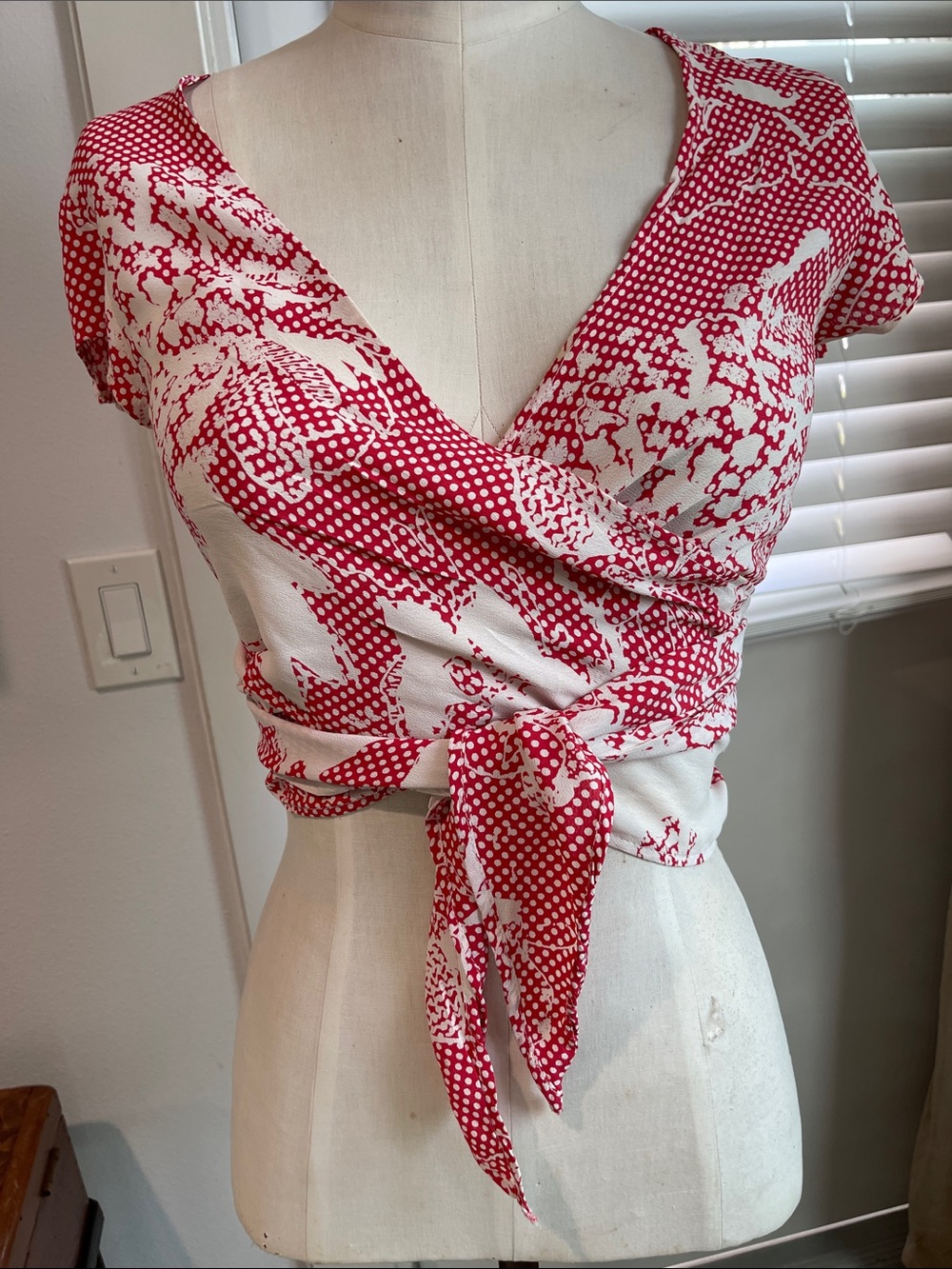 Perfectly Pretty Flynn Skye Red & White Rayon Wrap Crop Top with Tie Front